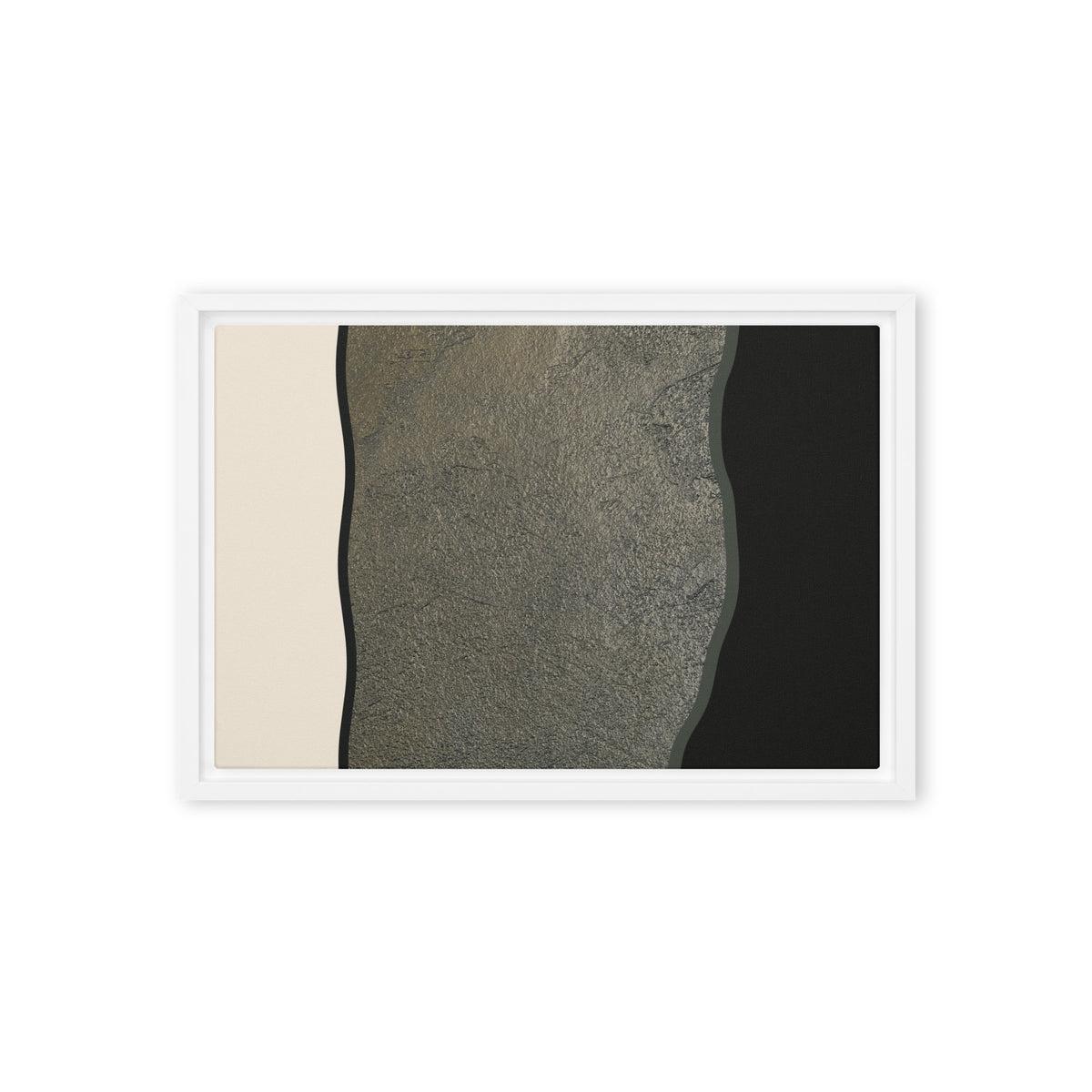 FORM 02 framed abstract canvas print, white frame, 12×18 in — silver and gold metallic band across cream and black | ACAYA Studio FORM Series