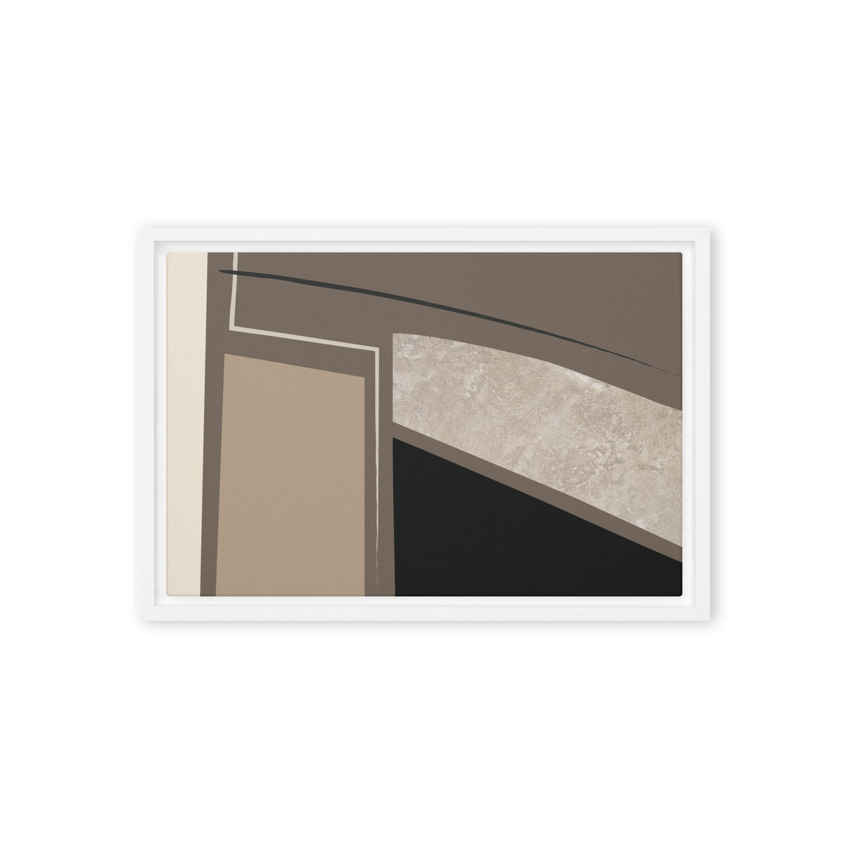 FORM 04 framed abstract canvas print, white frame, 12×18 in — a dark line arcing over fractured stone and neutral tones | ACAYA Studio FORM Series
