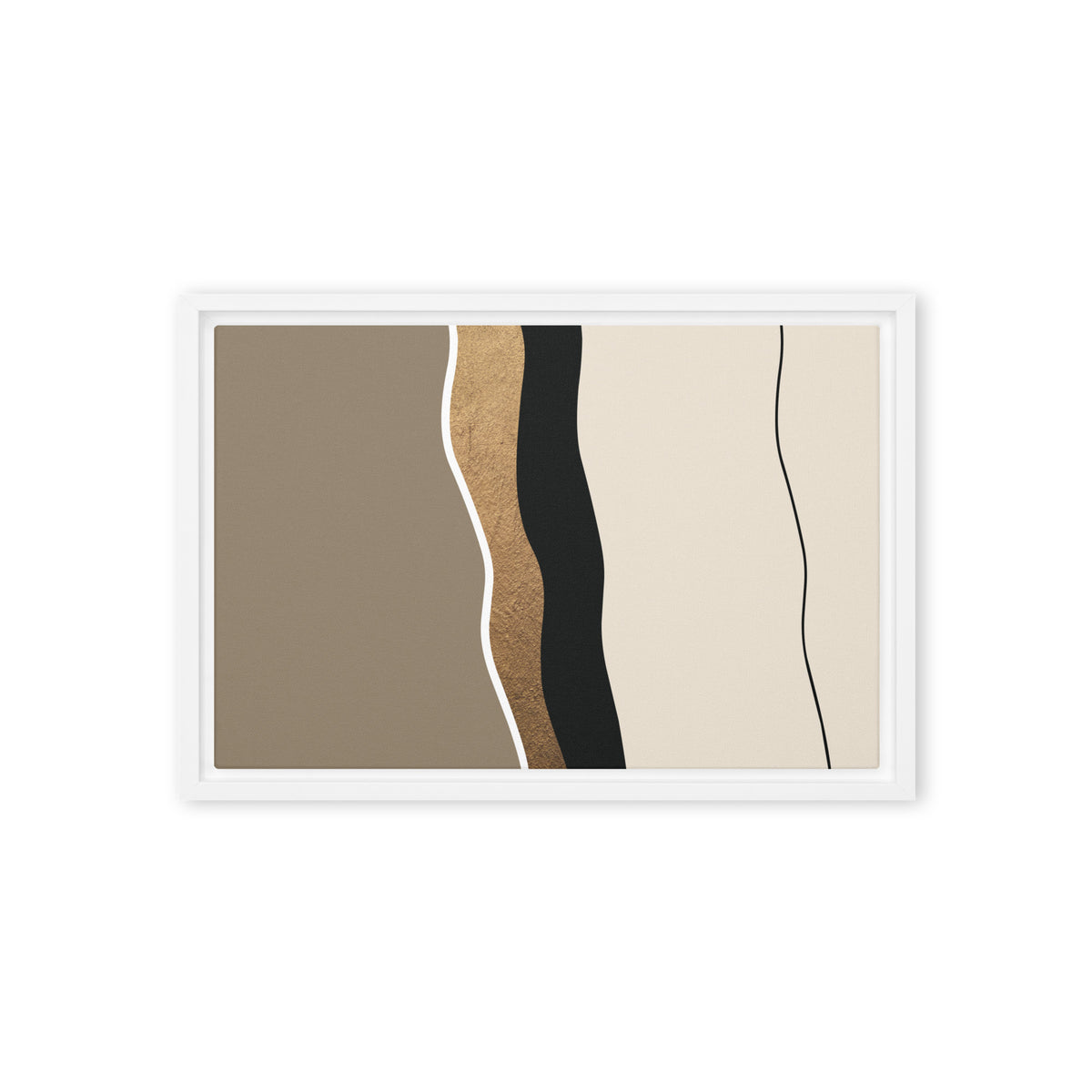 FORM 05 framed abstract canvas print, white frame, 12×18 in — a hand-worked metallic gold seam through taupe and black | ACAYA Studio FORM Series