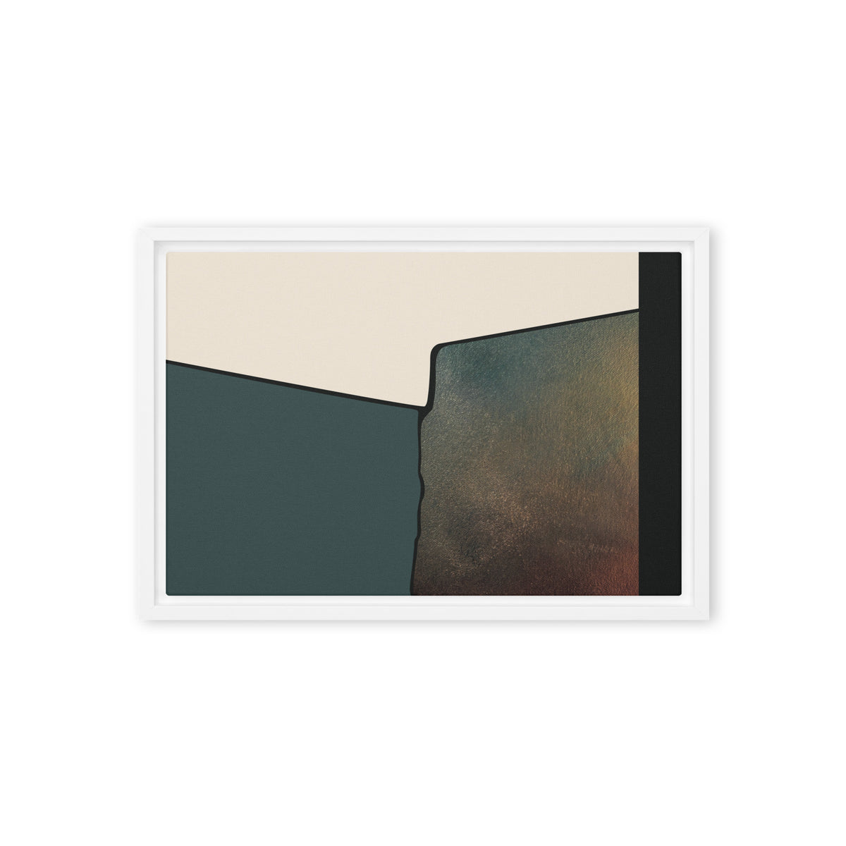 FORM 06 framed abstract canvas print, white frame, 12×18 in — forest green meeting a warm metallic gold reveal | ACAYA Studio FORM Series