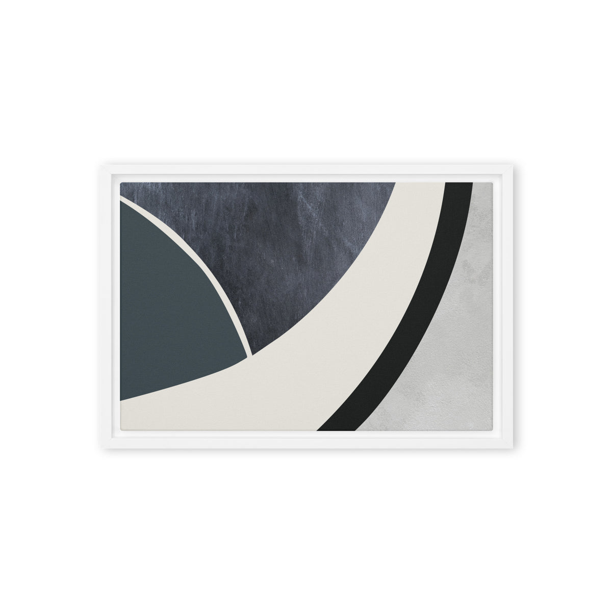 FORM 07 framed abstract canvas print, white frame, 12×18 in — a sweeping curve through indigo, teal, and pale stone | ACAYA Studio FORM Series