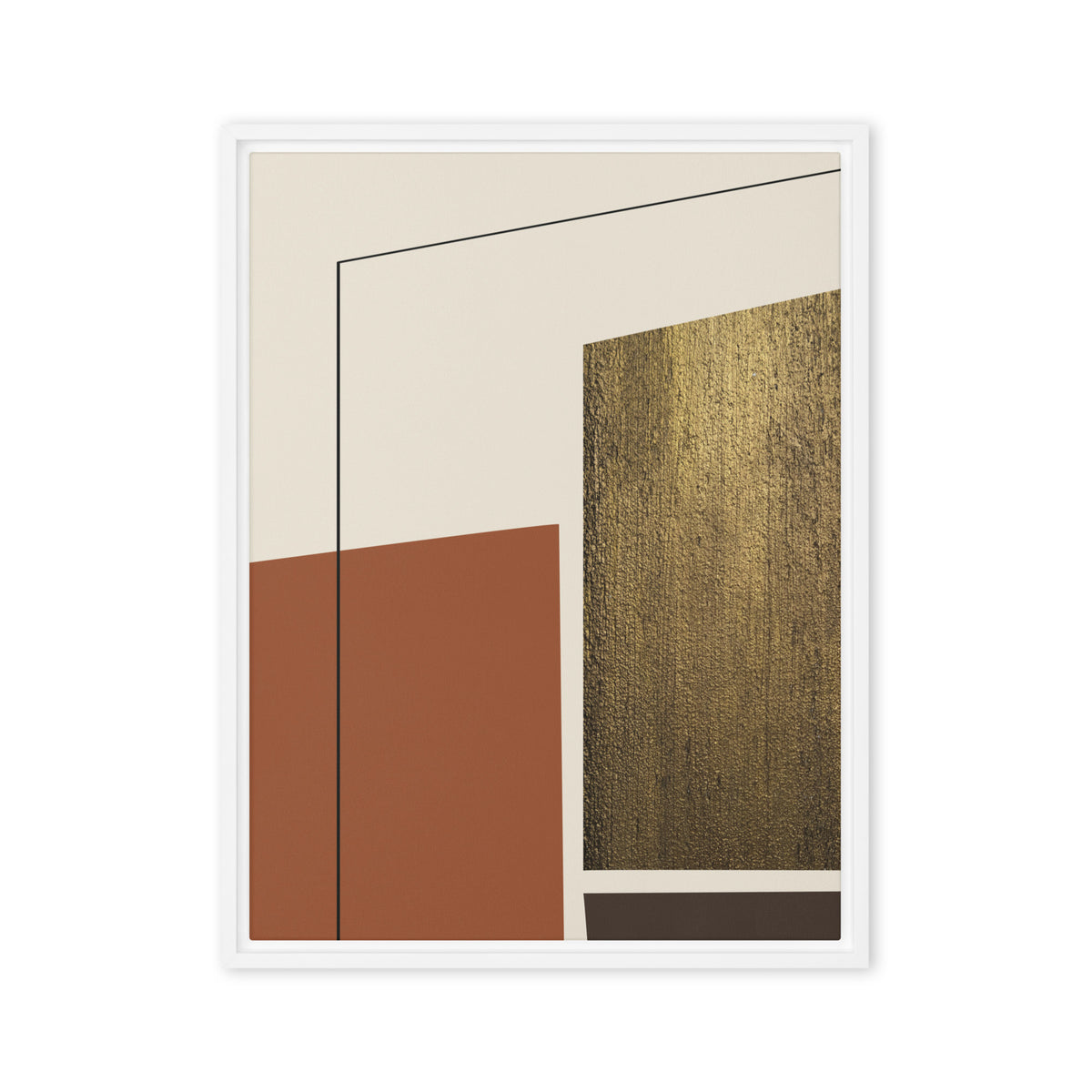 FORM 11 framed abstract canvas print, white frame, 18×24 in — hand-drawn architectural line over terracotta and brushed gold | ACAYA Studio FORM Series