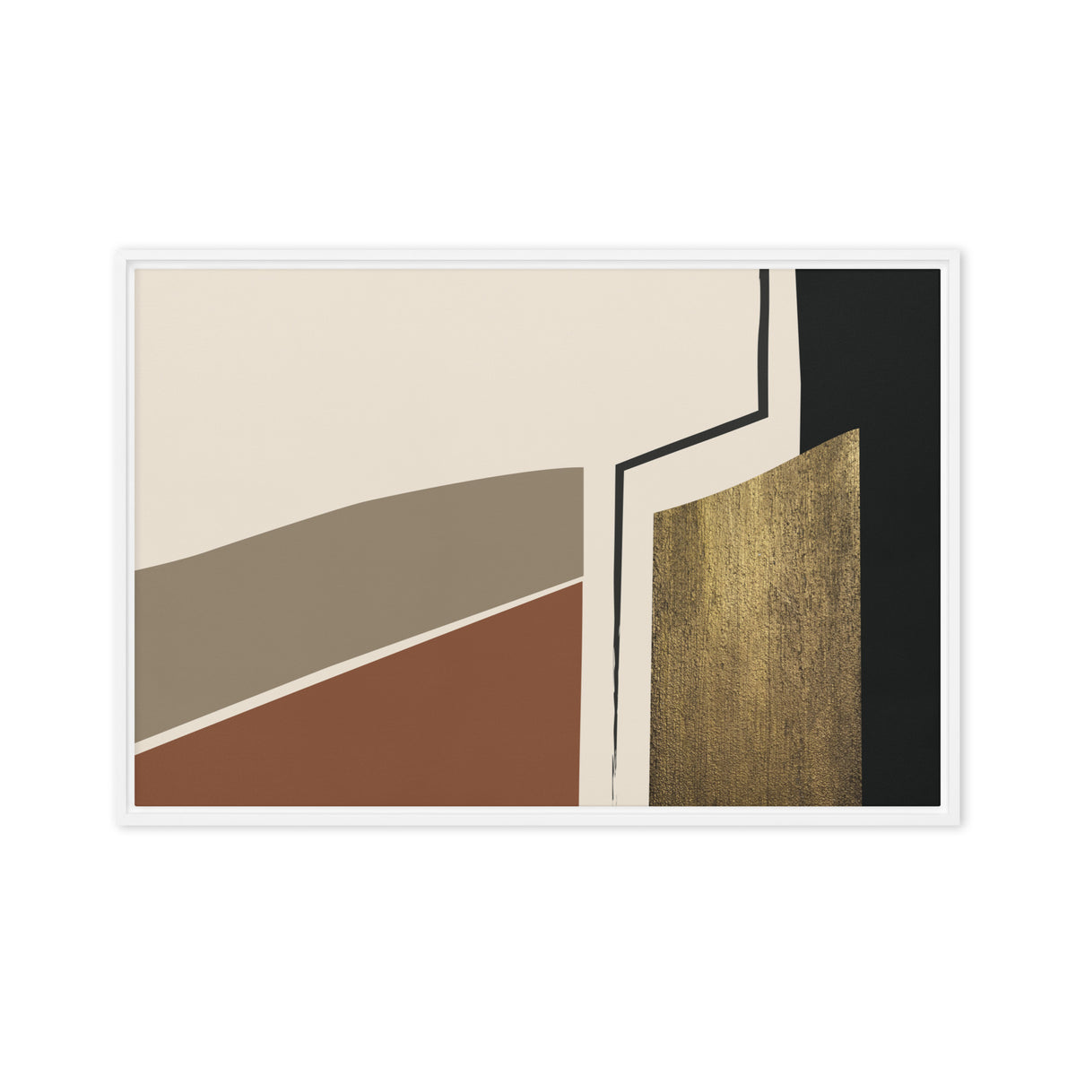 FORM 01 framed abstract canvas print, white frame, 20×30 in — stone and rust ochre bands with a gilded metallic column | ACAYA Studio FORM Series