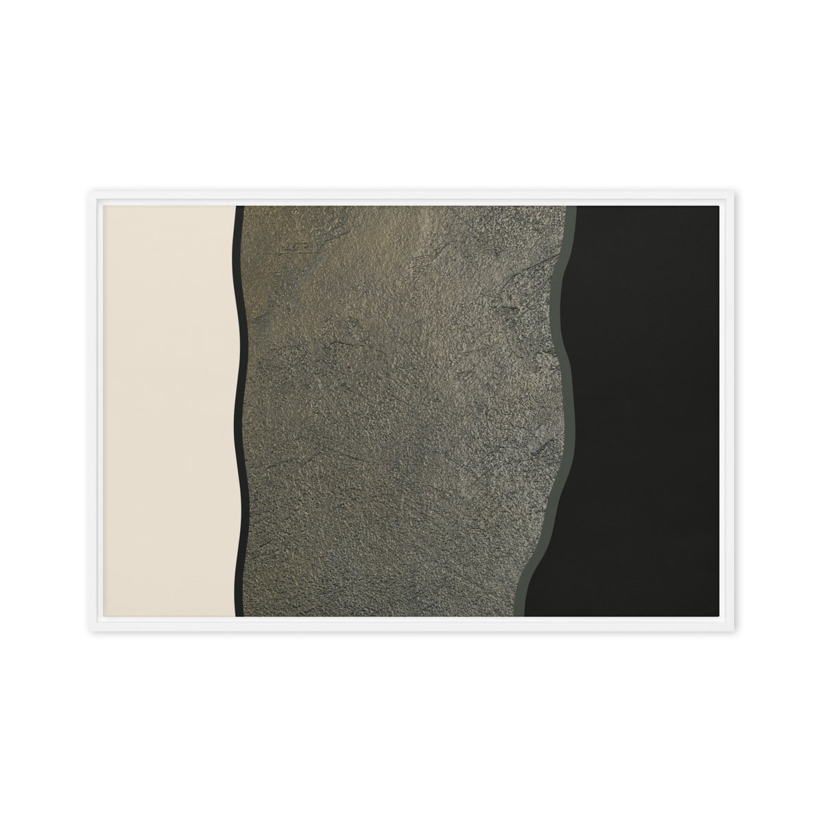 FORM 02 framed abstract canvas print, white frame, 20×30 in — silver and gold metallic band across cream and black | ACAYA Studio FORM Series