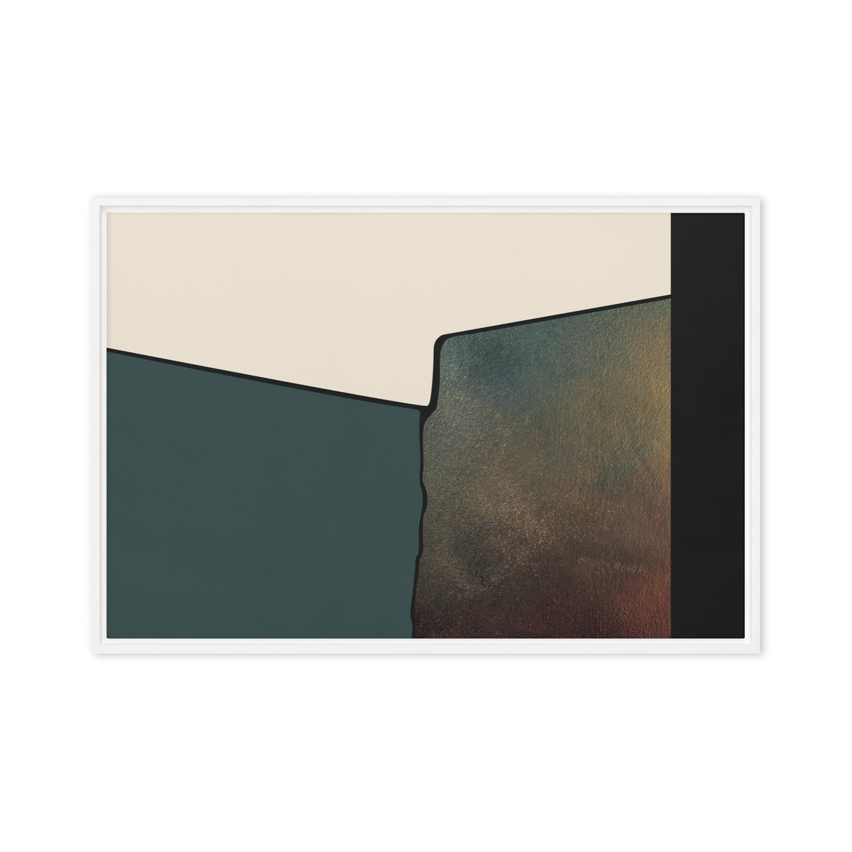 FORM 06 framed abstract canvas print, white frame, 20×30 in — forest green meeting a warm metallic gold reveal | ACAYA Studio FORM Series