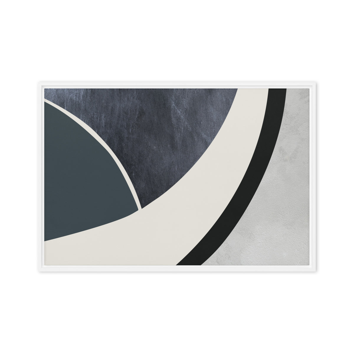 FORM 07 framed abstract canvas print, white frame, 20×30 in — a sweeping curve through indigo, teal, and pale stone | ACAYA Studio FORM Series