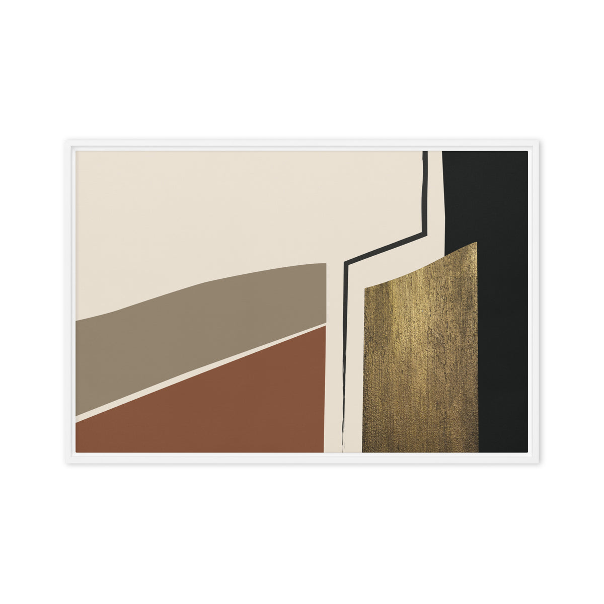 FORM 01 framed abstract canvas print, white frame, 24×36 in — stone and rust ochre bands with a gilded metallic column | ACAYA Studio FORM Series