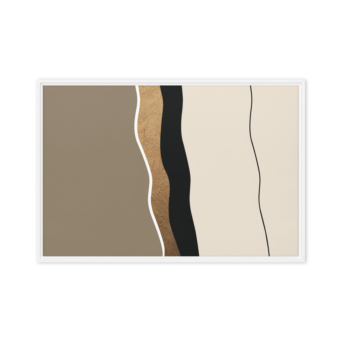 FORM 05 framed abstract canvas print, white frame, 24×36 in — a hand-worked metallic gold seam through taupe and black | ACAYA Studio FORM Series