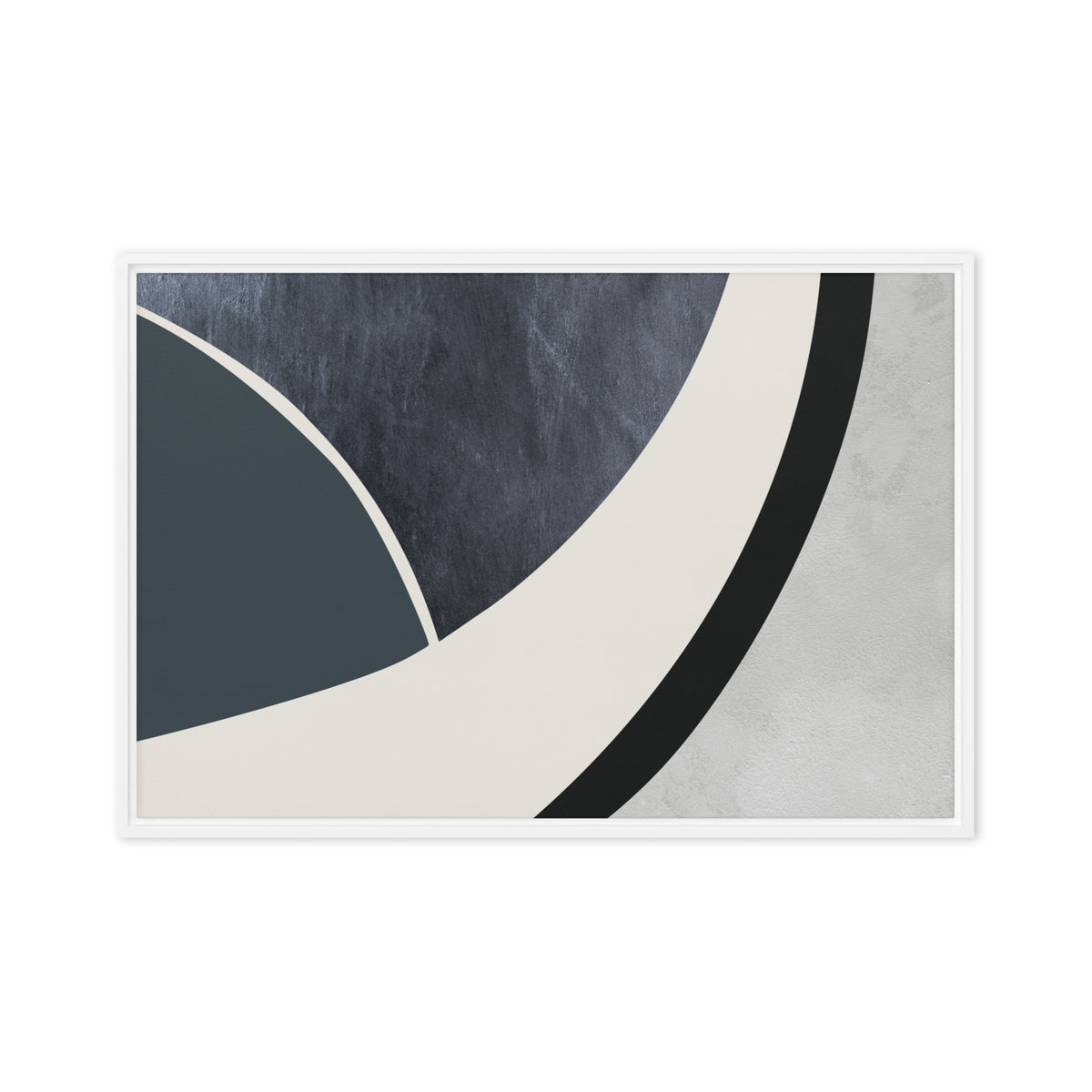 FORM 07 framed abstract canvas print, white frame, 24×36 in — a sweeping curve through indigo, teal, and pale stone | ACAYA Studio FORM Series