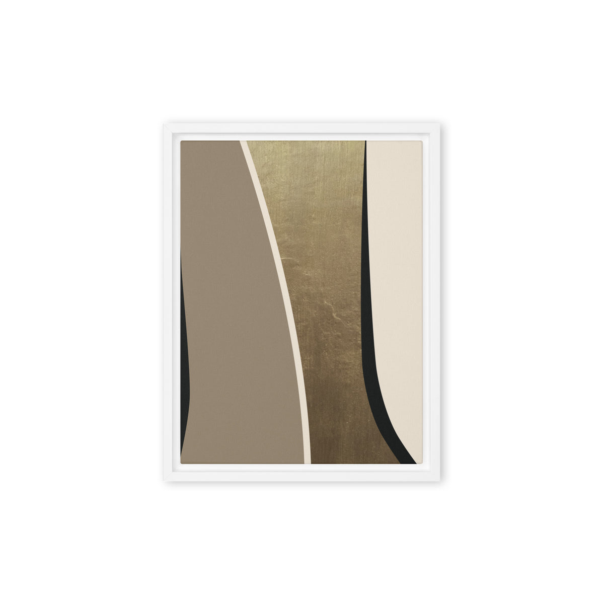 FORM 08 framed abstract canvas print, white frame, 9×12 in — black and taupe bands parting around a metallic gold channel | ACAYA Studio FORM Series