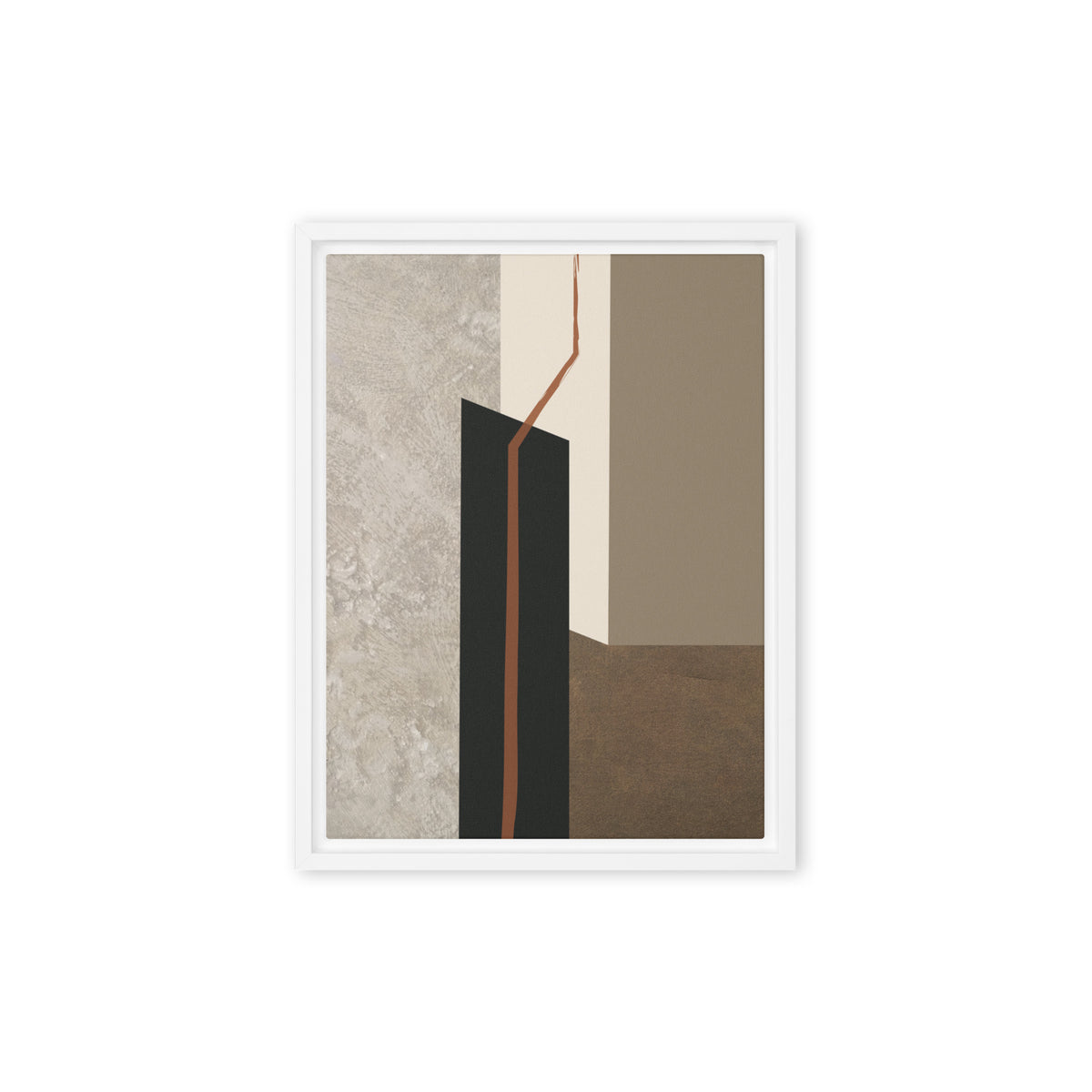 FORM 09 framed abstract canvas print, white frame, 9×12 in — rust-orange fault line through black, cream, taupe, and metallic bronze | ACAYA Studio FORM Series