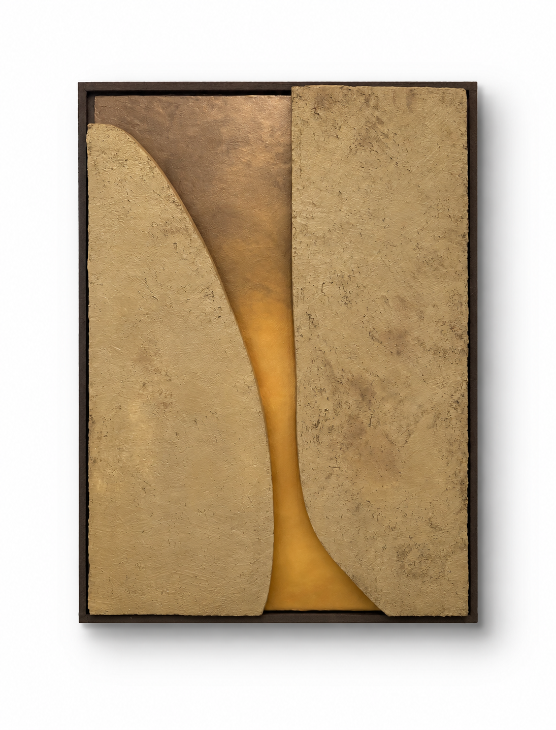KR 02 Kloof handmade sculptural wall art — sculpted mineral surfaces parting to reveal a warm metallic passage | ACAYA Studio Kruger collection