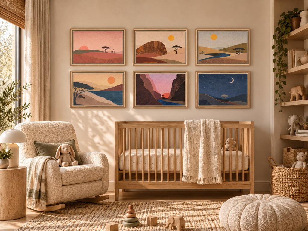The six ILANGA framed canvas prints hung as a gallery wall above a crib in a warm, sunlit nursery