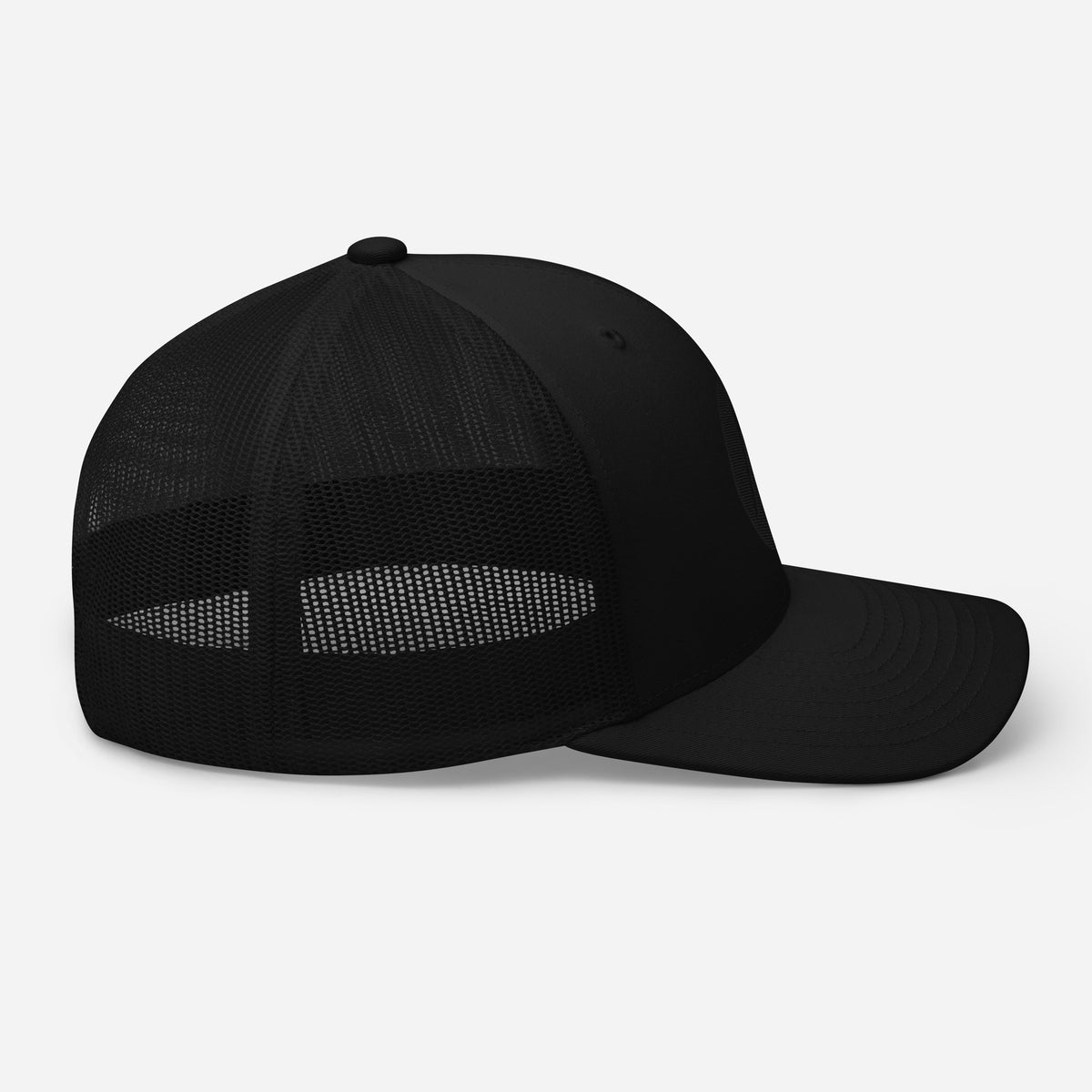ACAYA Icon trucker cap, black, side view — minimal logo hat | ACAYA Studio
