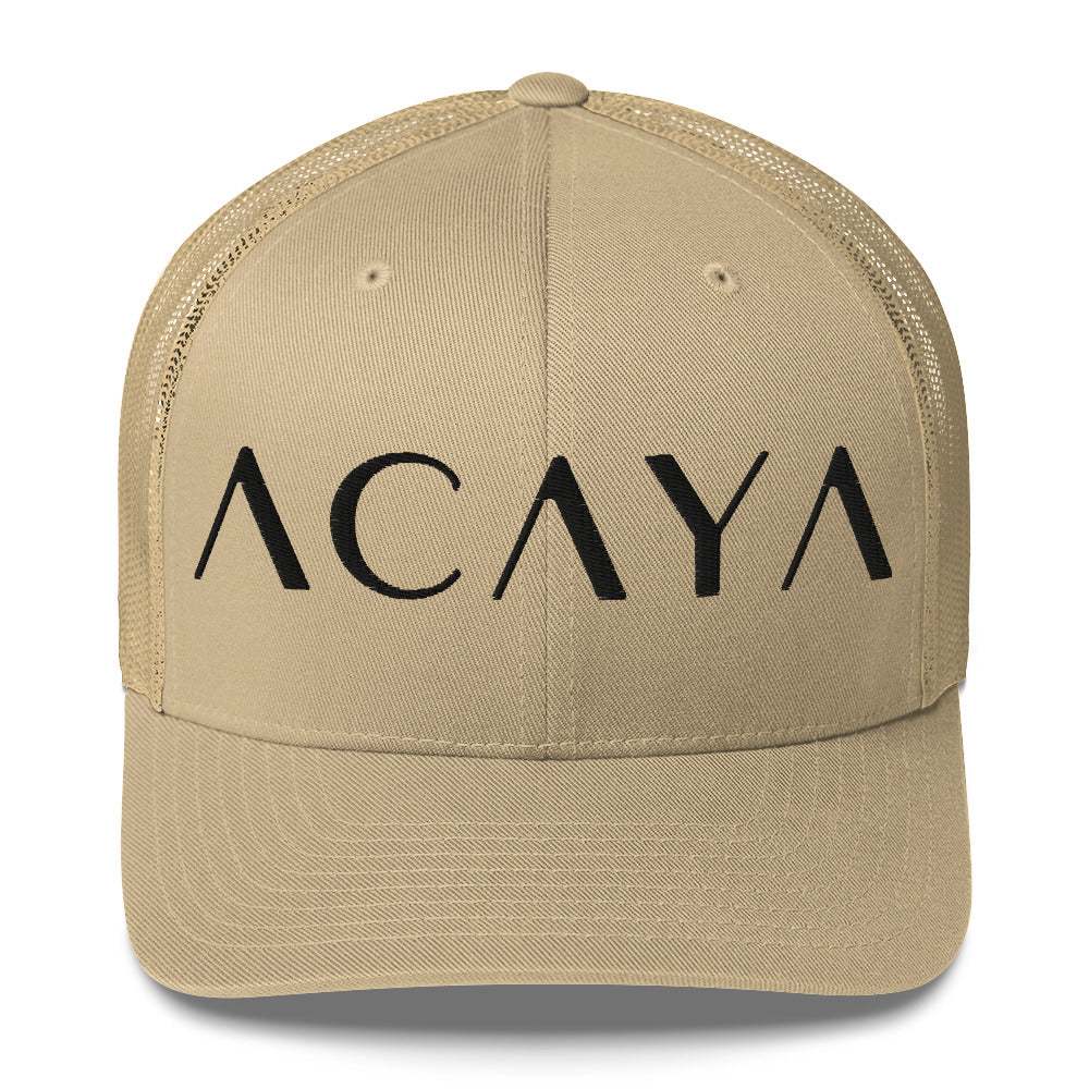 ACAYA Wordmark trucker cap, khaki — logo hat | ACAYA Studio